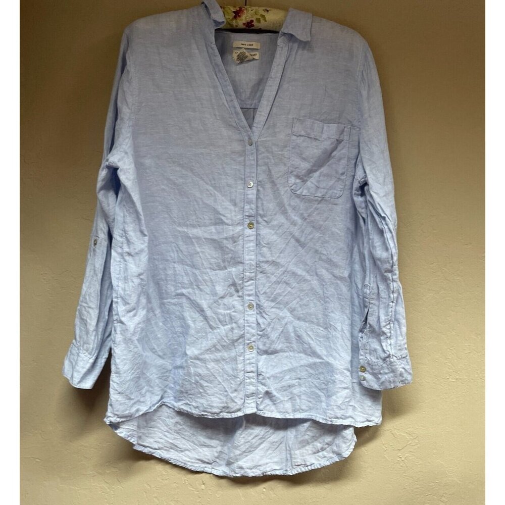 Christian Siriano Women's Button Down 3/4 Sleeve Top XL Linen Blue Lightweight